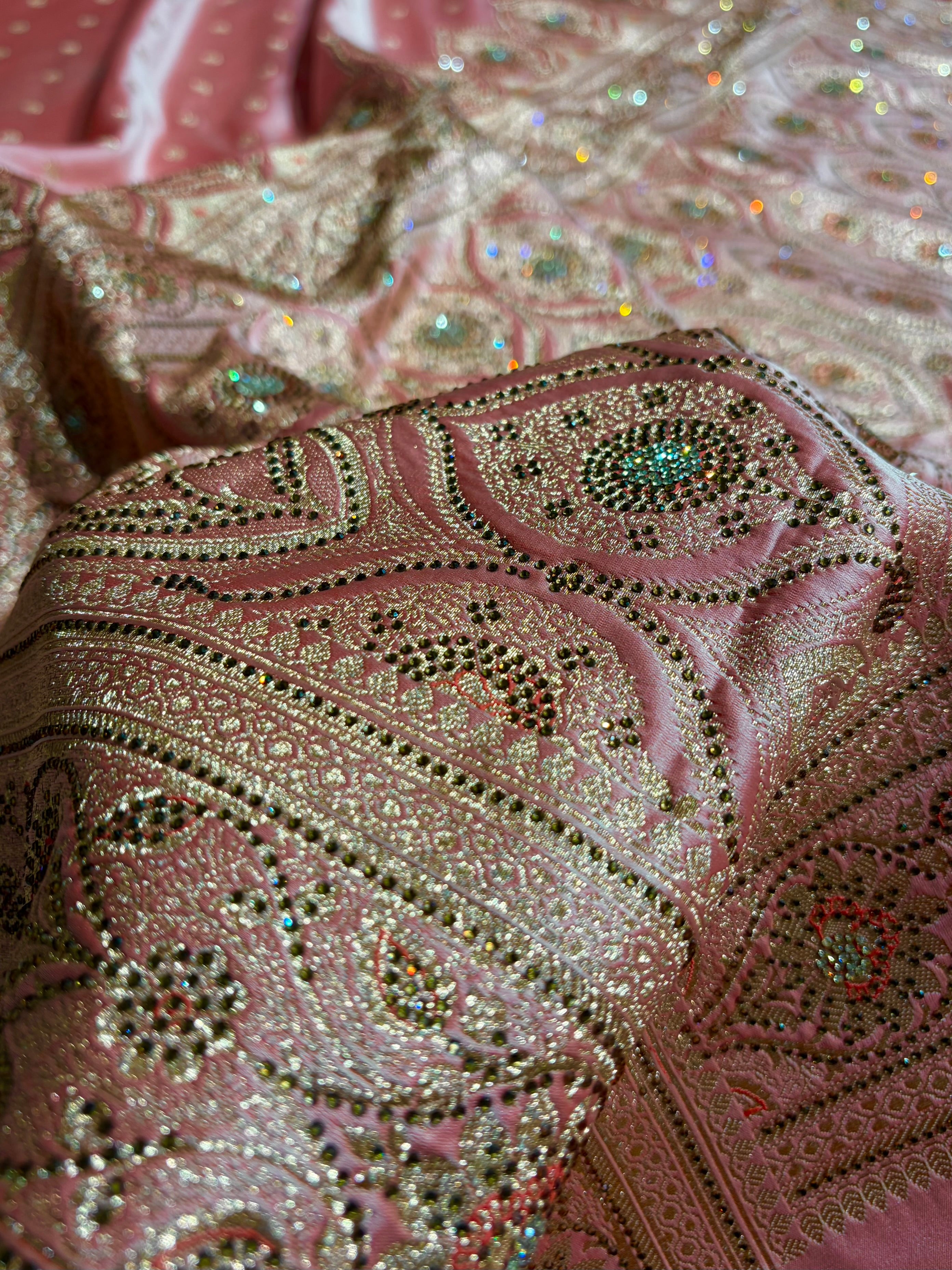 Baby Pink Booti With Swarovski Work Satin katan Silk Saree BSK11