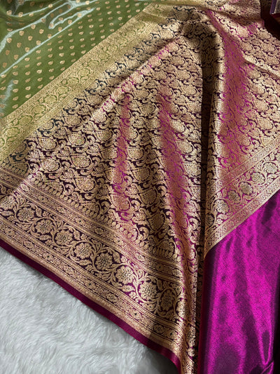 Banarasi Contrast Satin Silk Booti in Pista With Wine Shades SS01