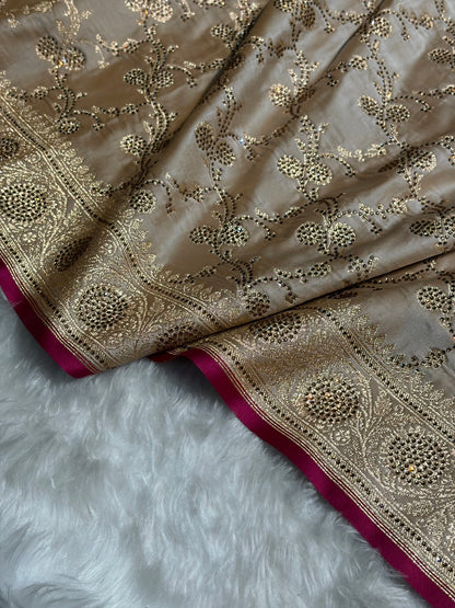 Beige Shades Cross With Swarovski Work Satin Katan Silk Saree BSK17