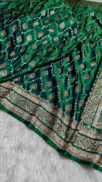 Cross Green Floral Jaal Pattern Satin Katan Silk saree BSK42