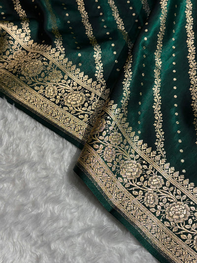 Banarasi Bottle Green Shades Cross Pattern Banarasi Satin Silk Saree SS61
