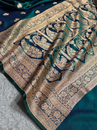 Peacock Shades Minakari Boota Pattern Banarasi Satin Silk Saree SS44