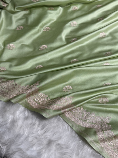 Pista Shades Scallop Booti Mashru Silk Saree