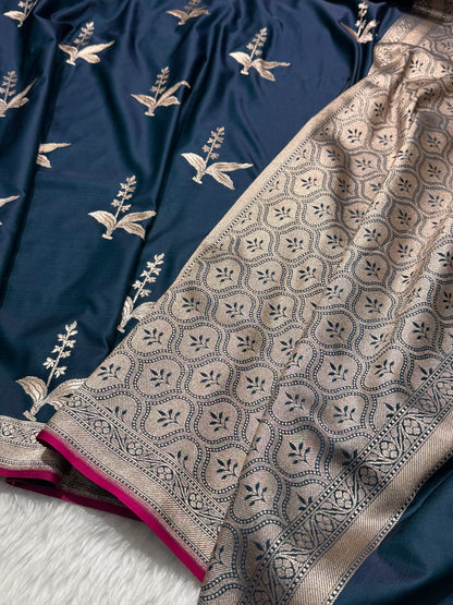 Teal Floral Motif Mashru Silk Saree