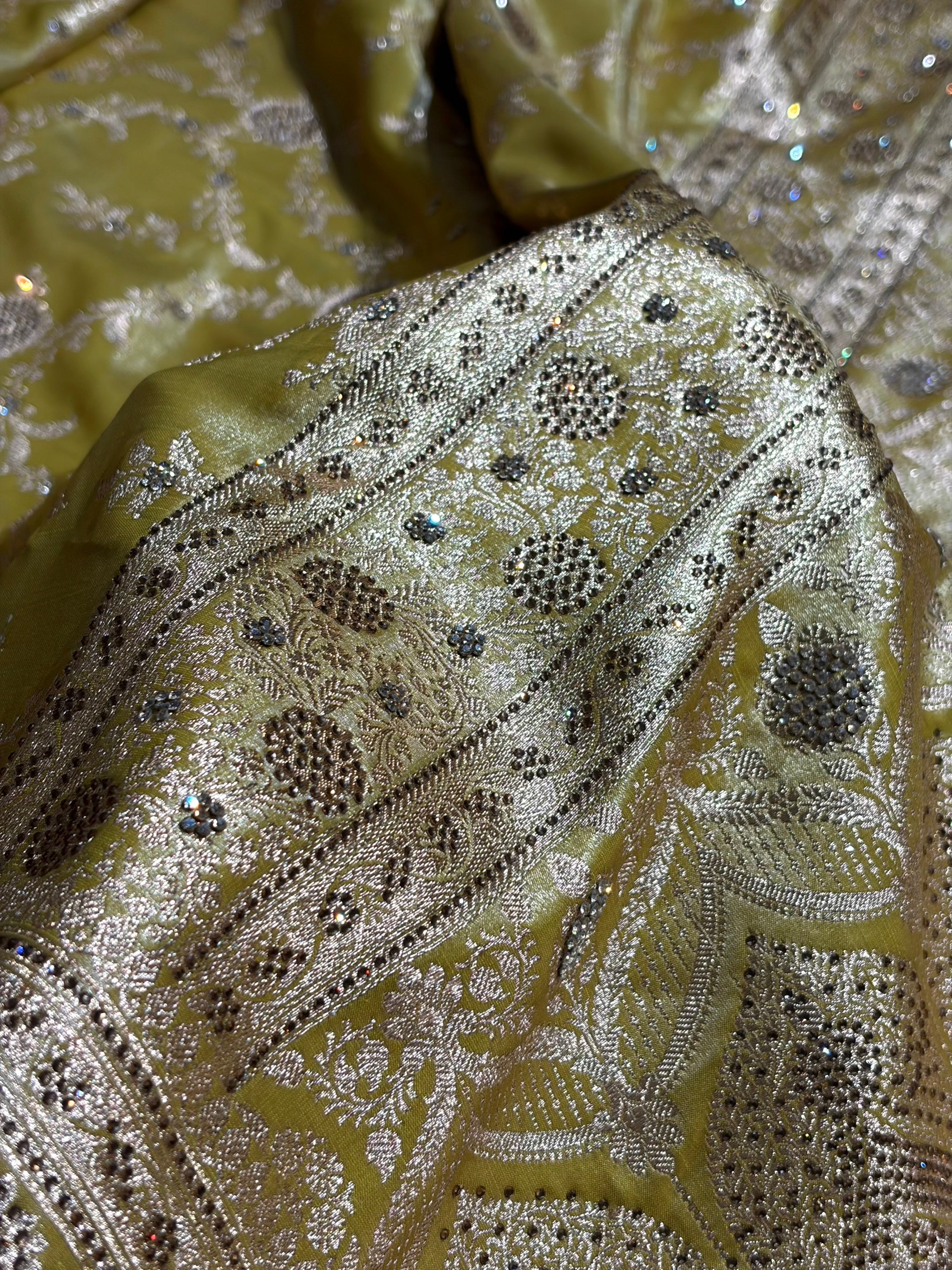 Light Weight Lemon Pista Satin Silk Saree with Swarovski work BSS14