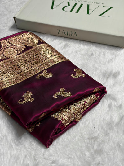 Satin Silk Saree Treditional Swarovski Work Floral Boota in Wine Shades BSS27