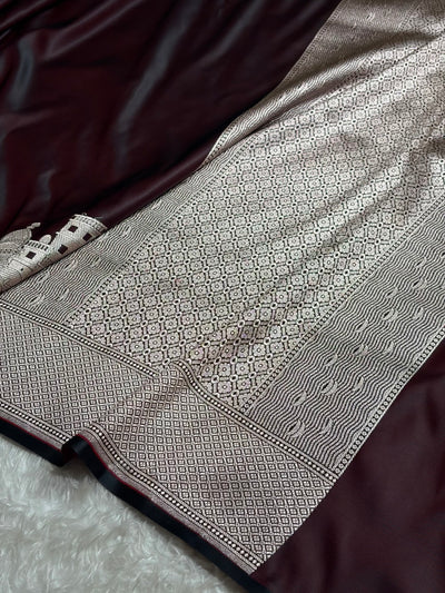 Cross Garnet Shades Ghat Pattern Satin Katan Silk Saree SK19