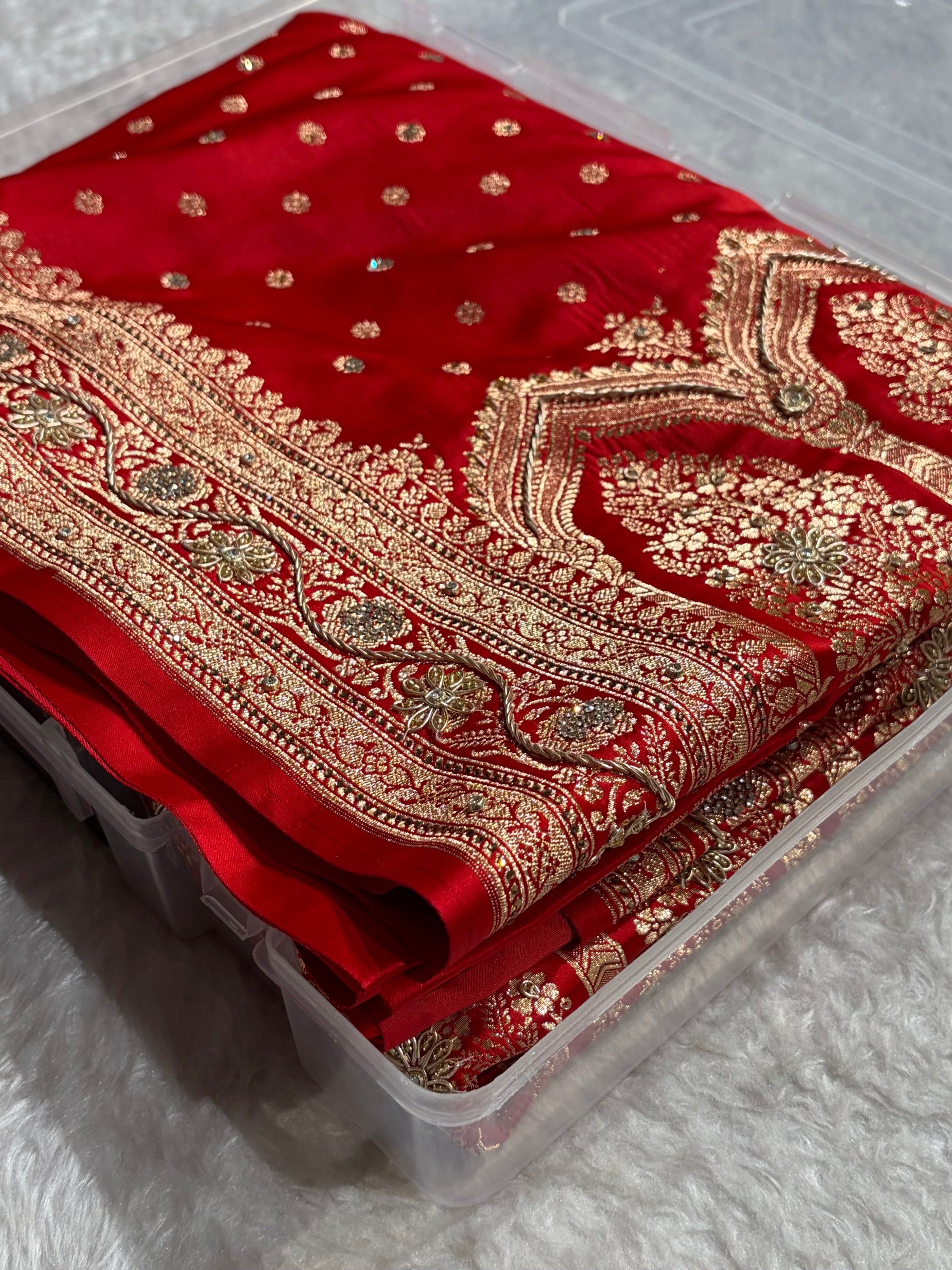 Banarasi Red Katan Silk Saree With Ari Zardozi and Swarovski stone work BSK01