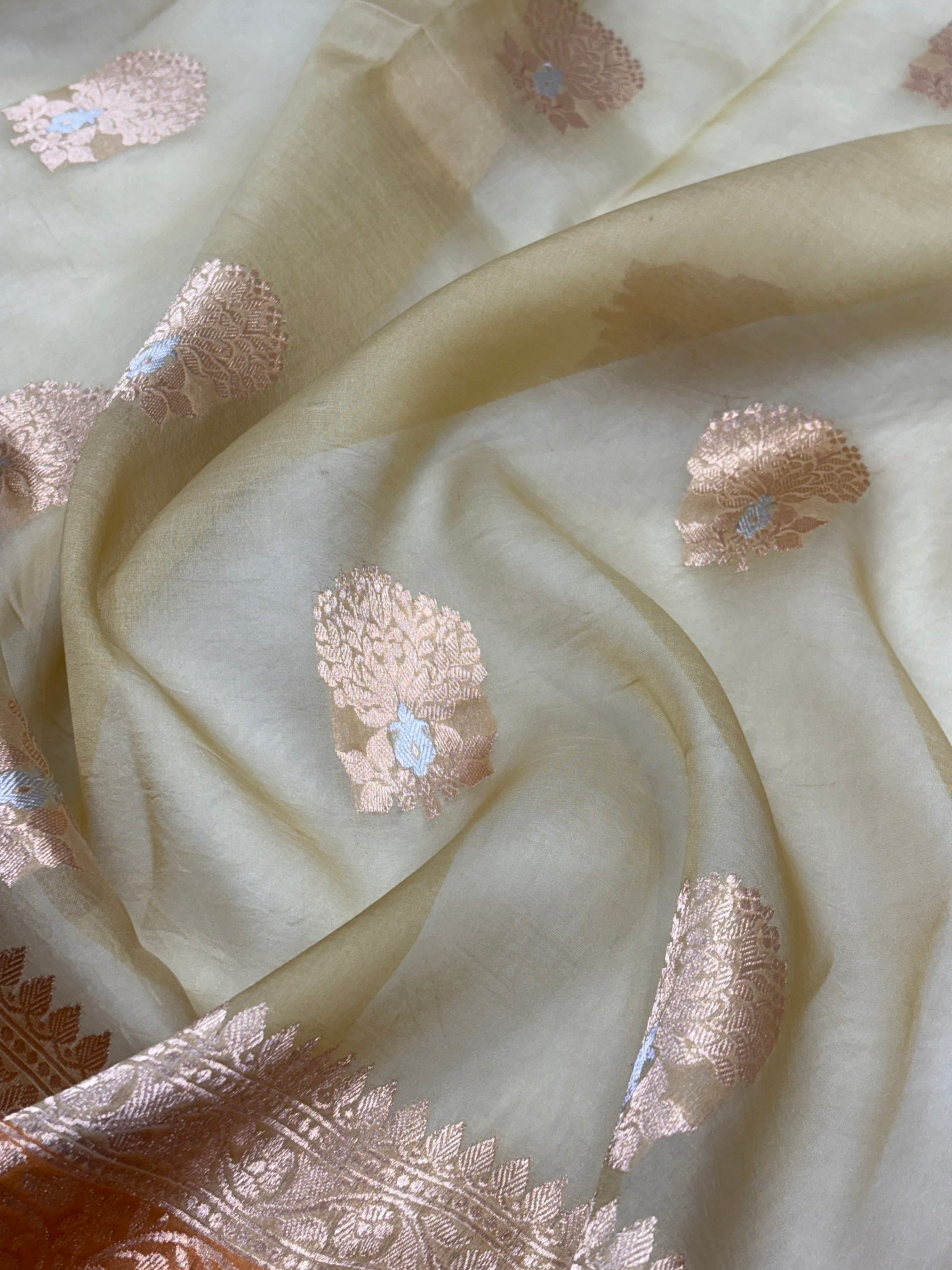 Pure Organza Dusty Yellow Floral Meena Banarasi Silk Saree PO-04