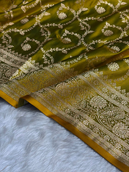 Liril Green Floral Jaal Pattern Satin Katan Silk saree SK55