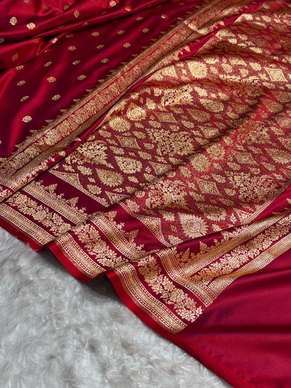 Magentic Red Floral Pattern Satin Katan Silk Saree SK76