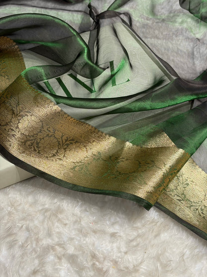 Bottle Green Shade Pure Tissue Silk Saree with Brocade Blouse PT-18