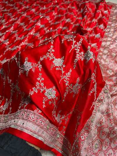 Red Bananasi Jaal Mashru Silk Saree with Swarovski Work BMCS08