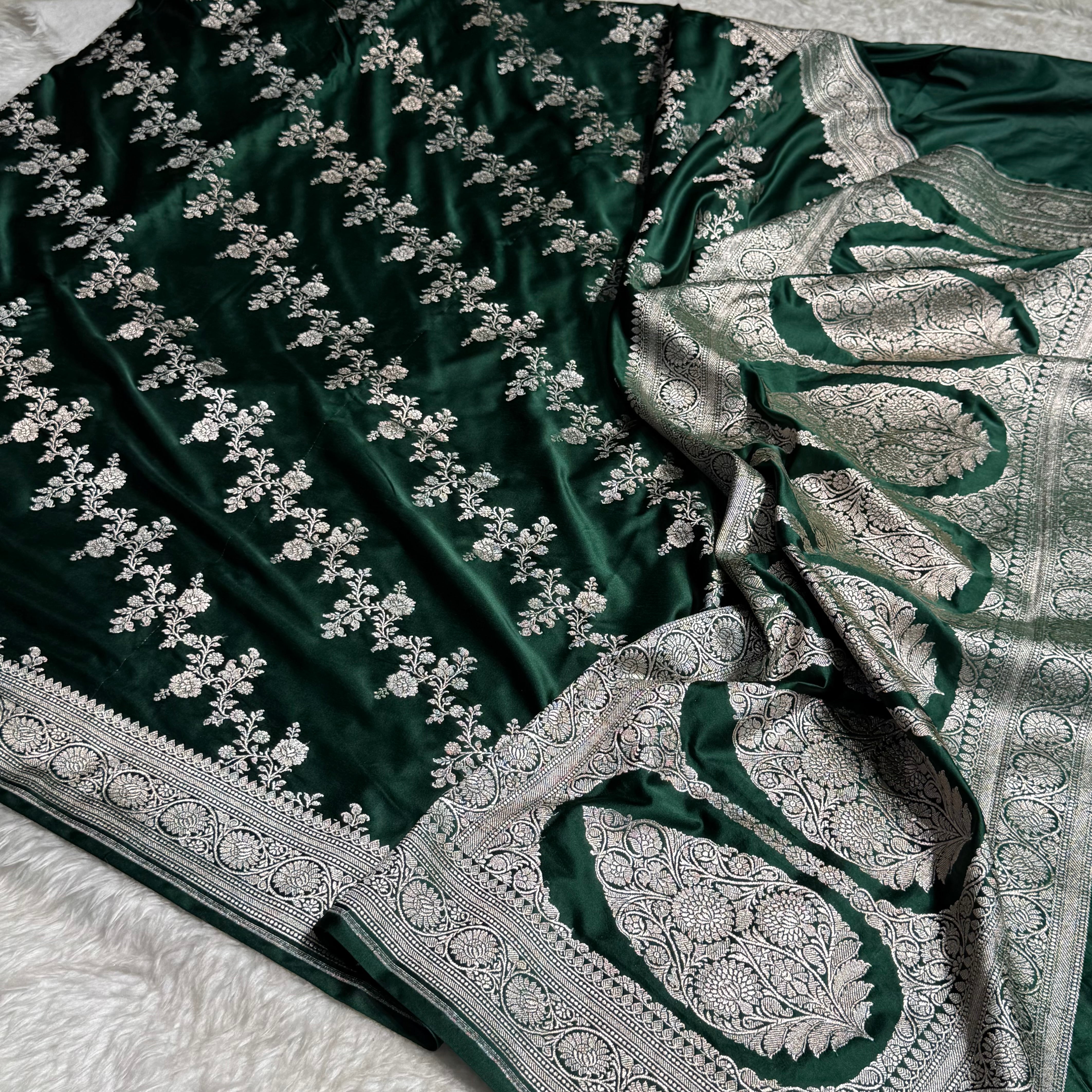 Bottle green Banarasi Cross Mashru Silk Saree