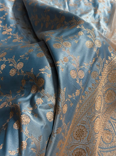 Banarasi Pastel German Blue Shades Cross Satin Katan Silk Saree SK17