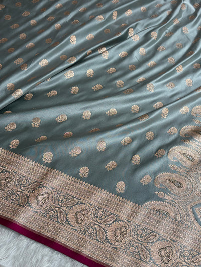 Floral boota Satin katan Silk Saree In Turquoise Shades SK12