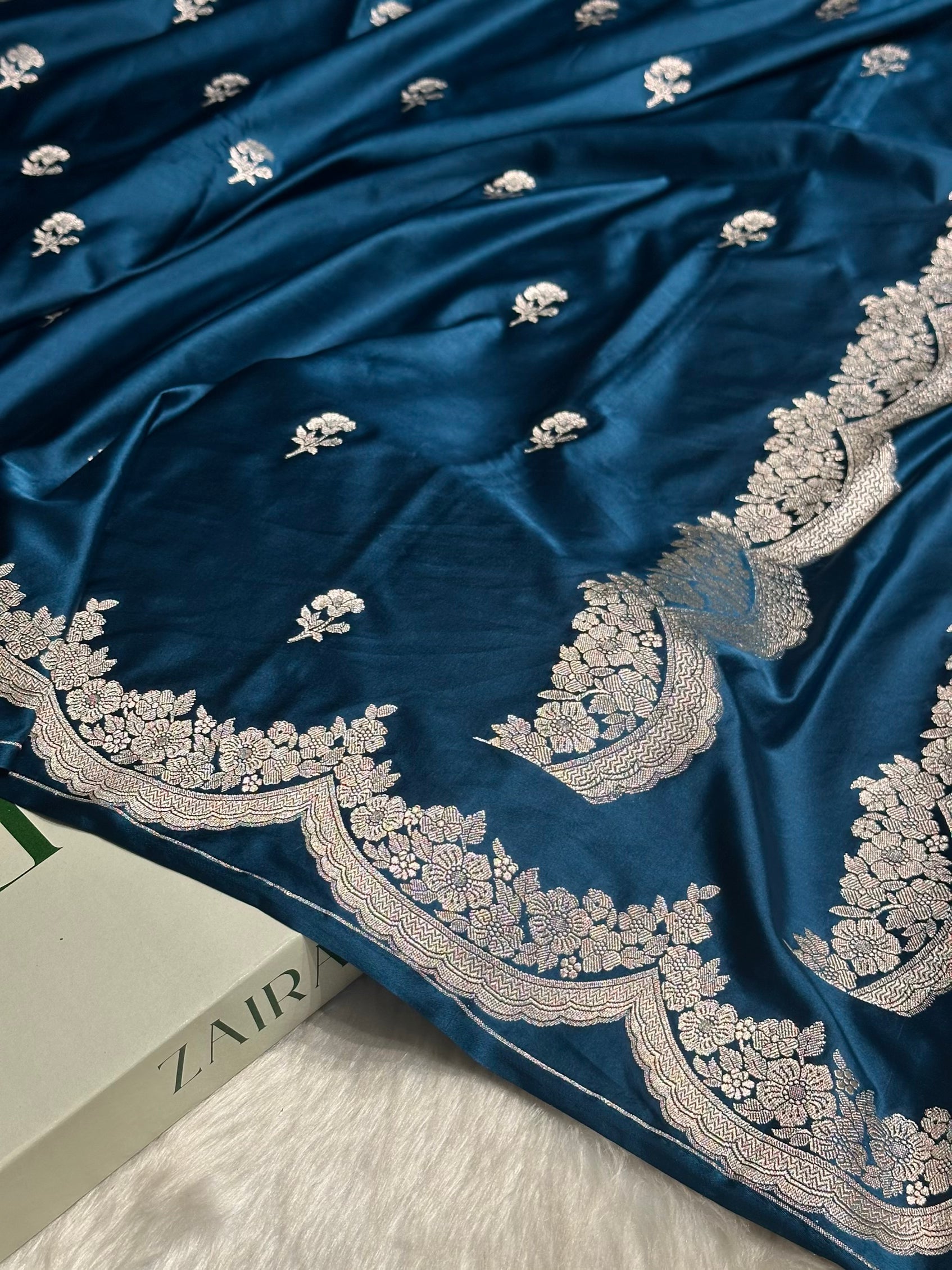 German Blue Shades Scallop Booti Mashru Silk Saree