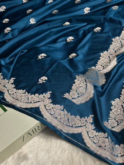 German Blue Shades Scallop Booti Mashru Silk Saree MCS27