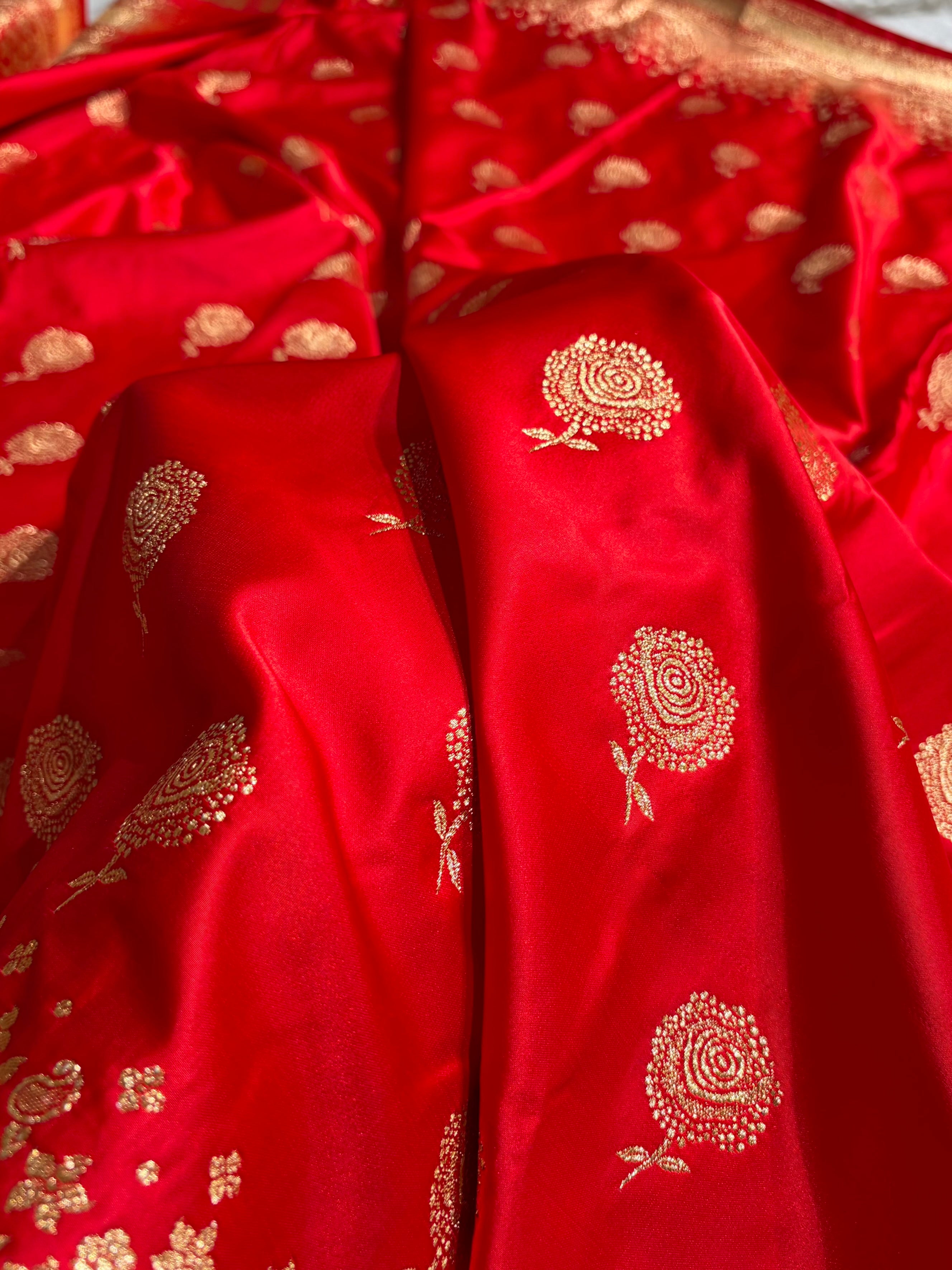 Banarasi Satin Katan Saree With Boota in Red Shades SK111