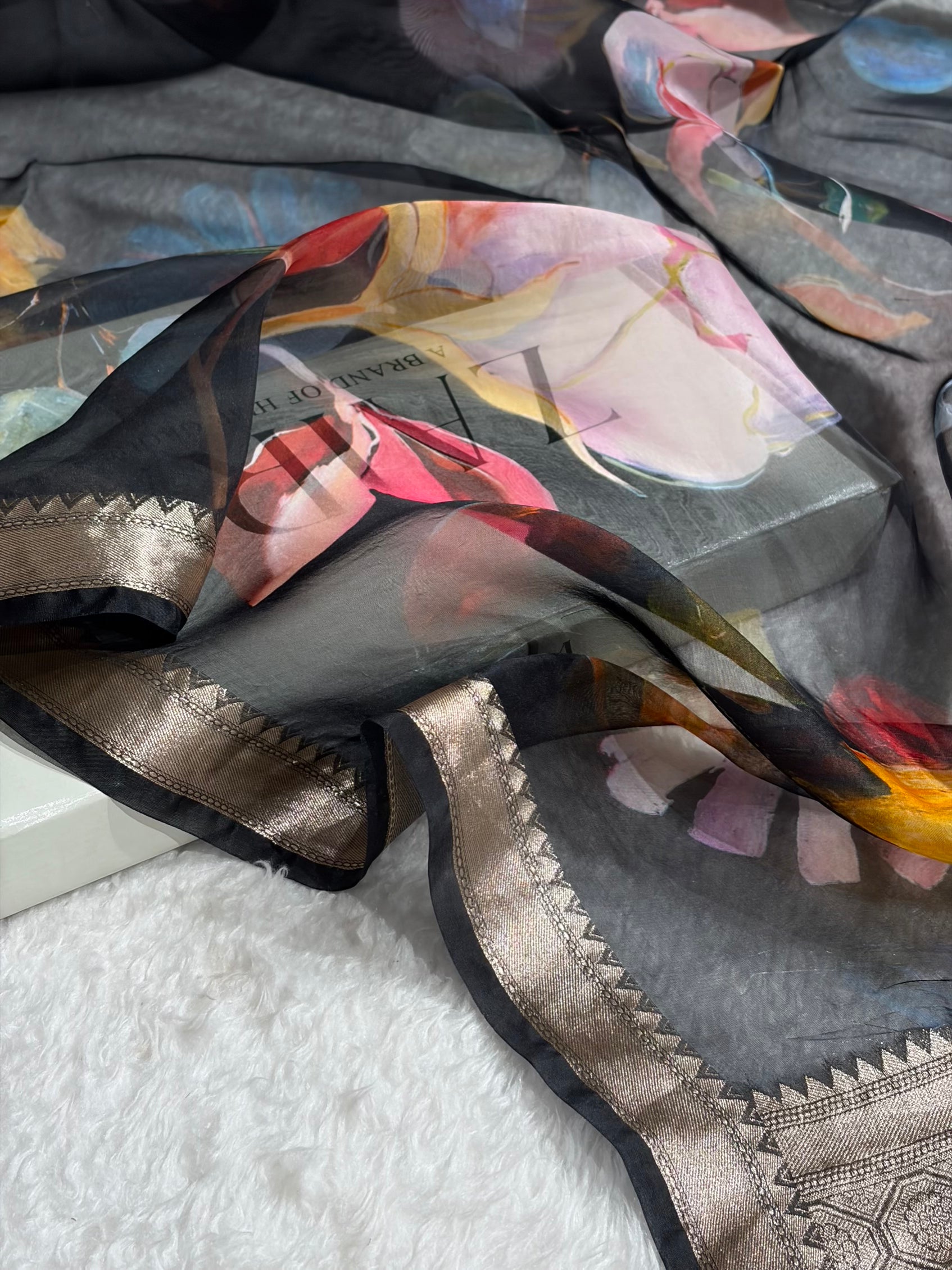 Organza with Pastel Multicolor Florals & Gold Zari Border POP20