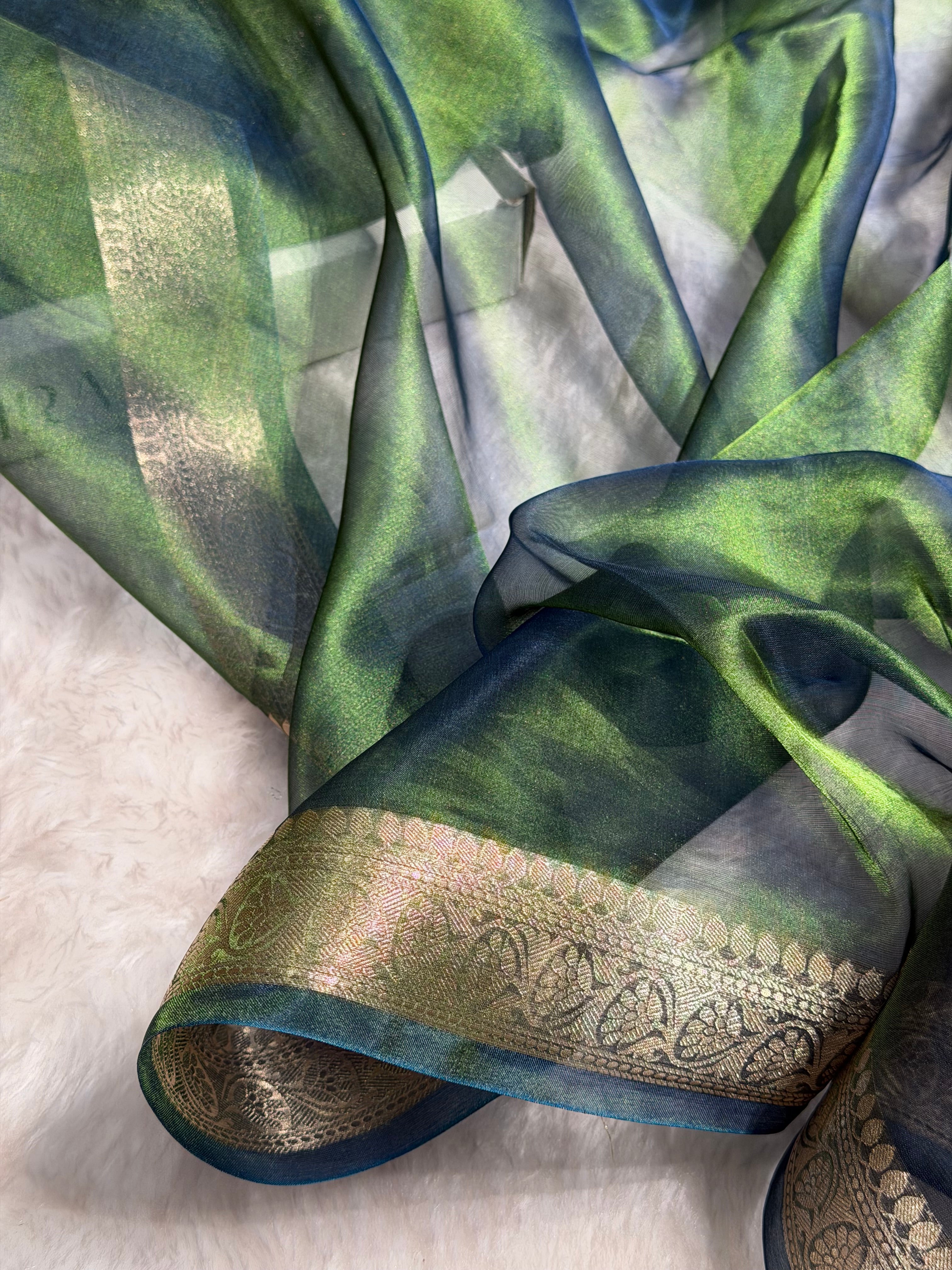 Banarasi Bottle Green Shades Pure Tissue Silk Saree with Brocade Blouse PT-09