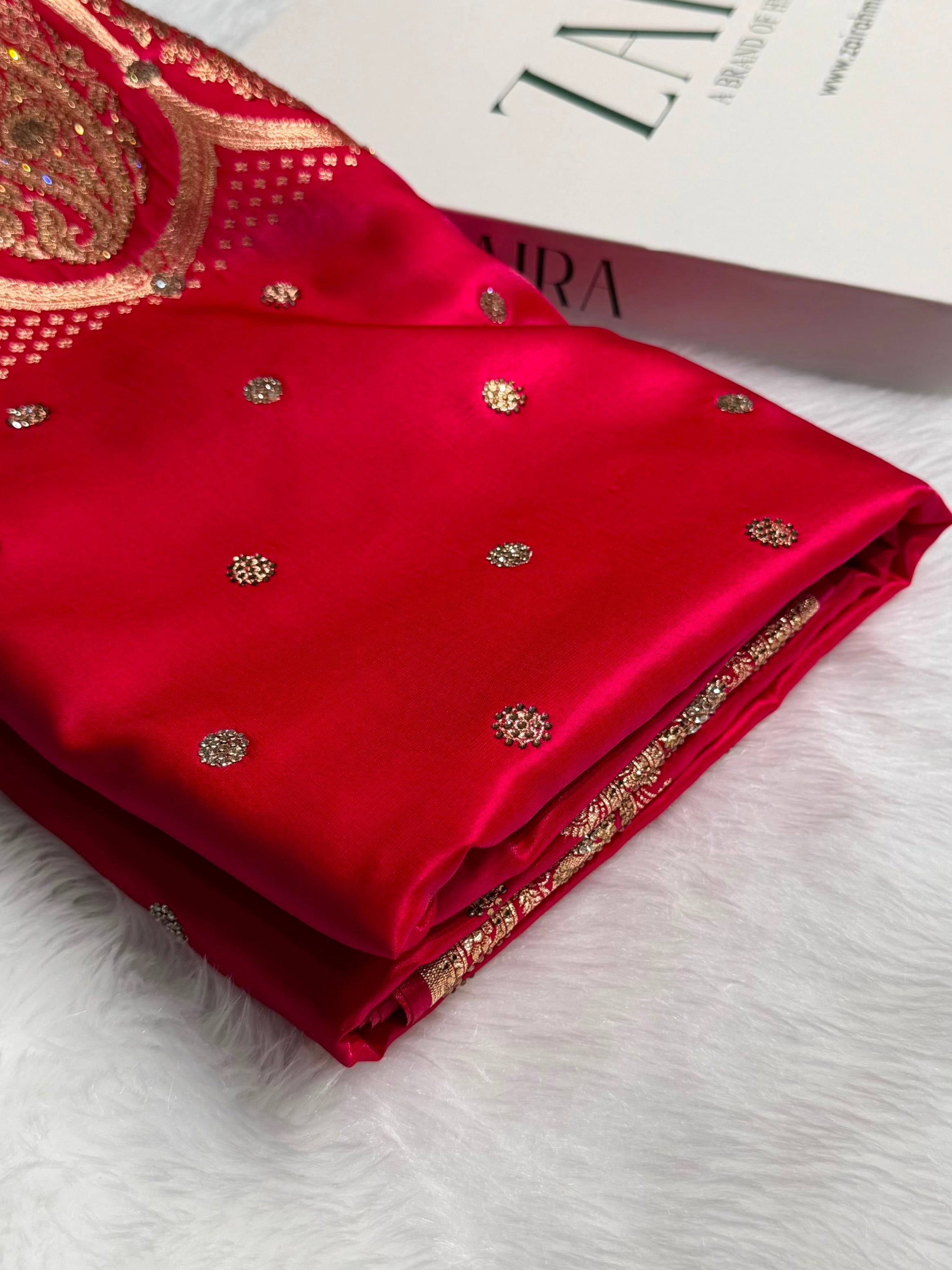 Satin Silk Saree Banarasi Booti With Swarovski Work in Cross Rani Shades BSS29