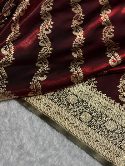 Maroon Contrast Shades Cross Pattern Banarasi Satin Silk Saree SS39