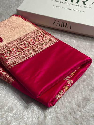 Banarasi Plain Satin Katan Saree Floral Minakari Pallu & Border Pattern in Rani Shades SK152