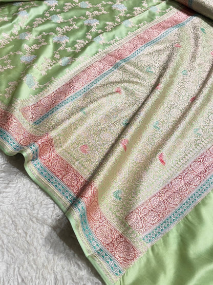 Light Pista Shades Minakari Jaal Pattern Mashru Silk Saree MS57