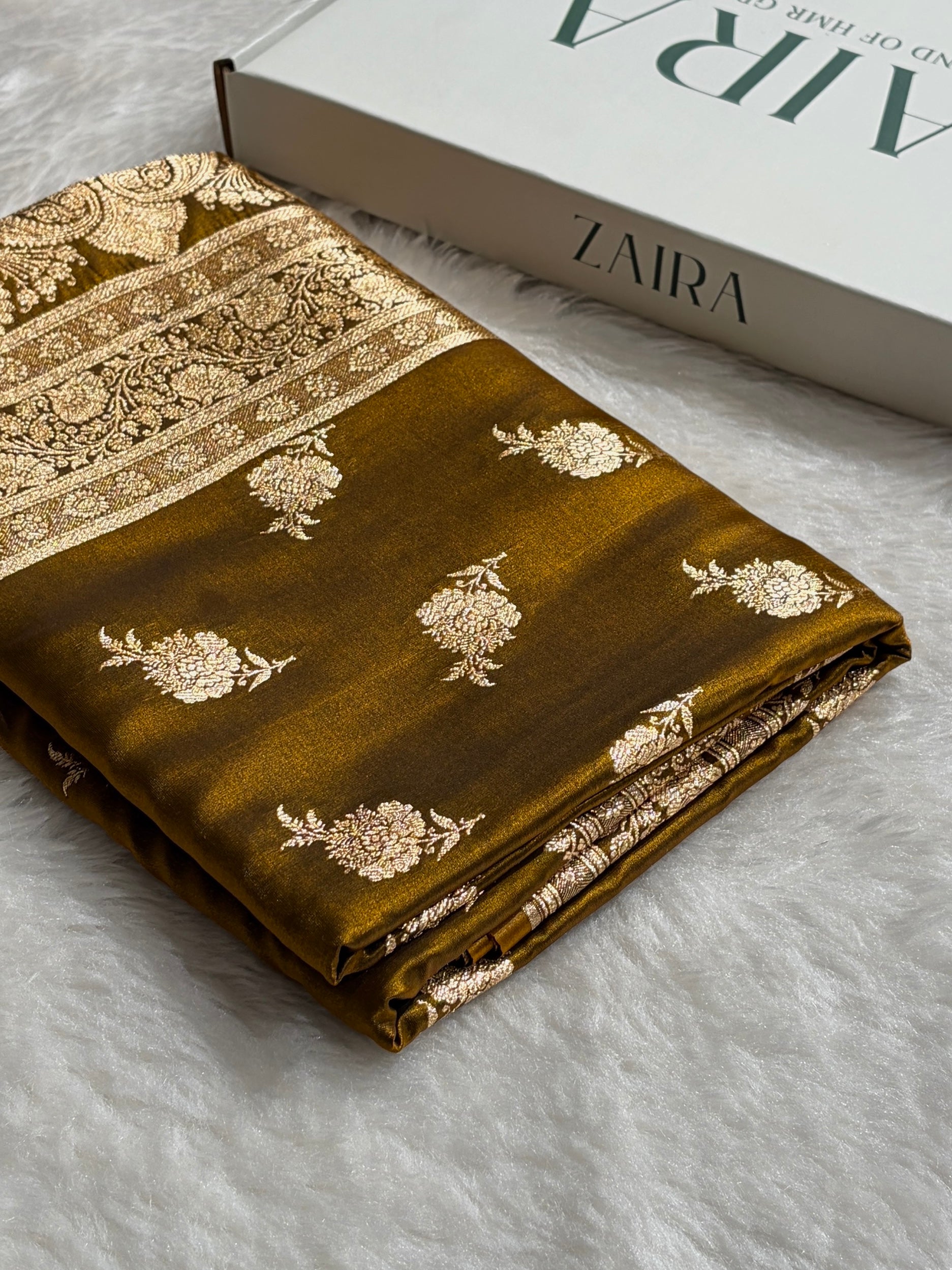 Satin Silk Saree Floral Boota in Mehendi Shades SS26