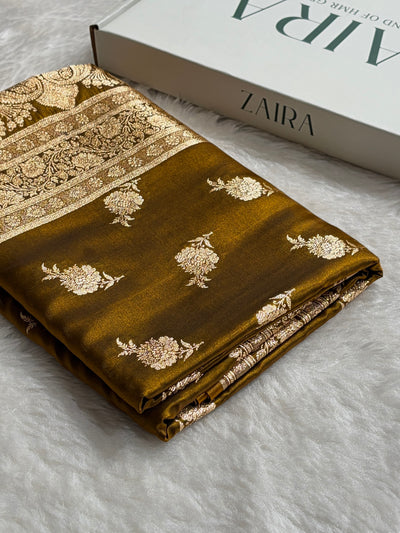 Satin Silk Saree Floral Boota in Mehendi Shades SS26
