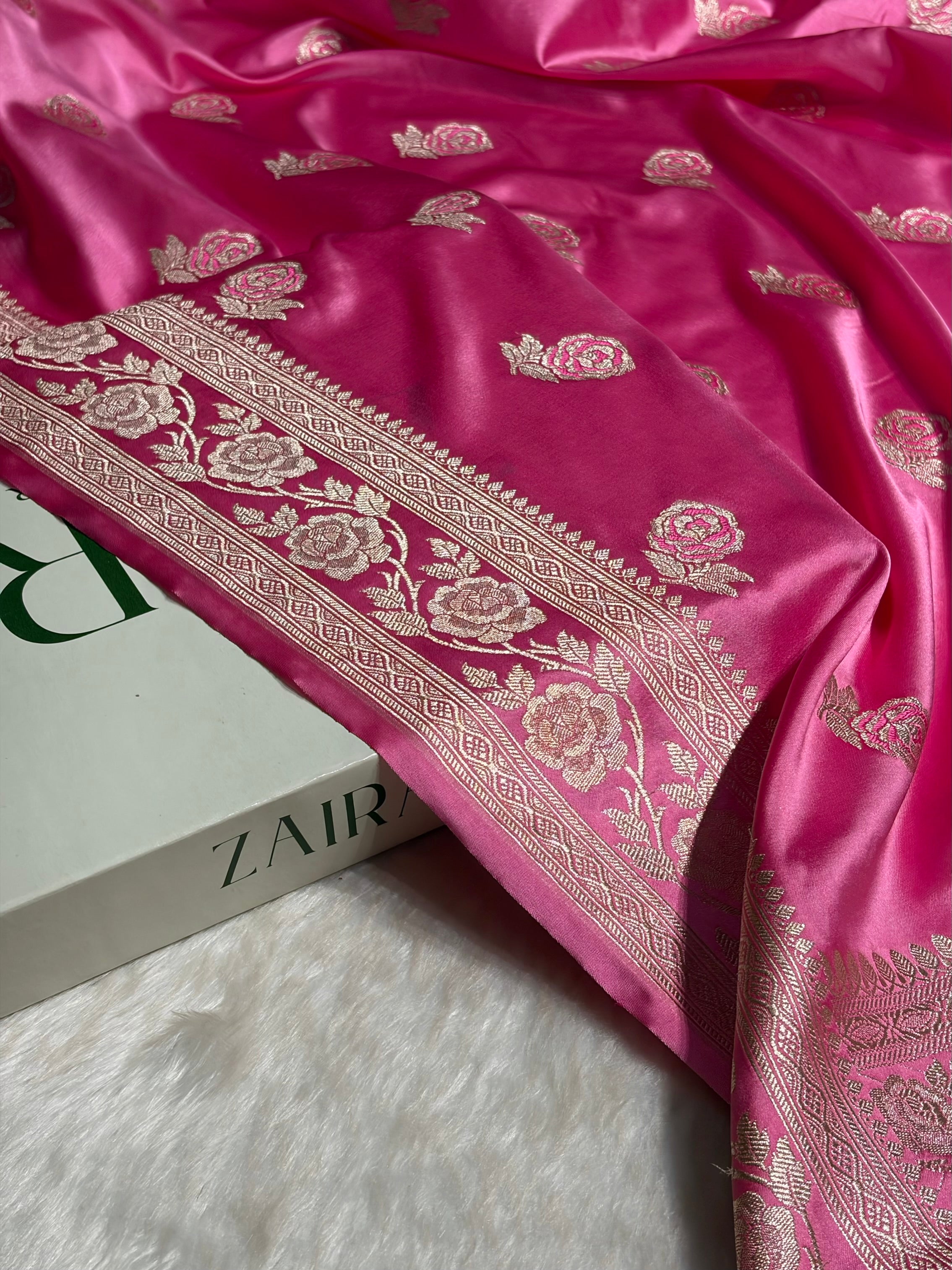 Baby Pink Rose Motif Mashru Silk Saree