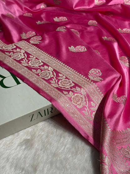 Baby Pink Rose Motif Mashru Silk Saree