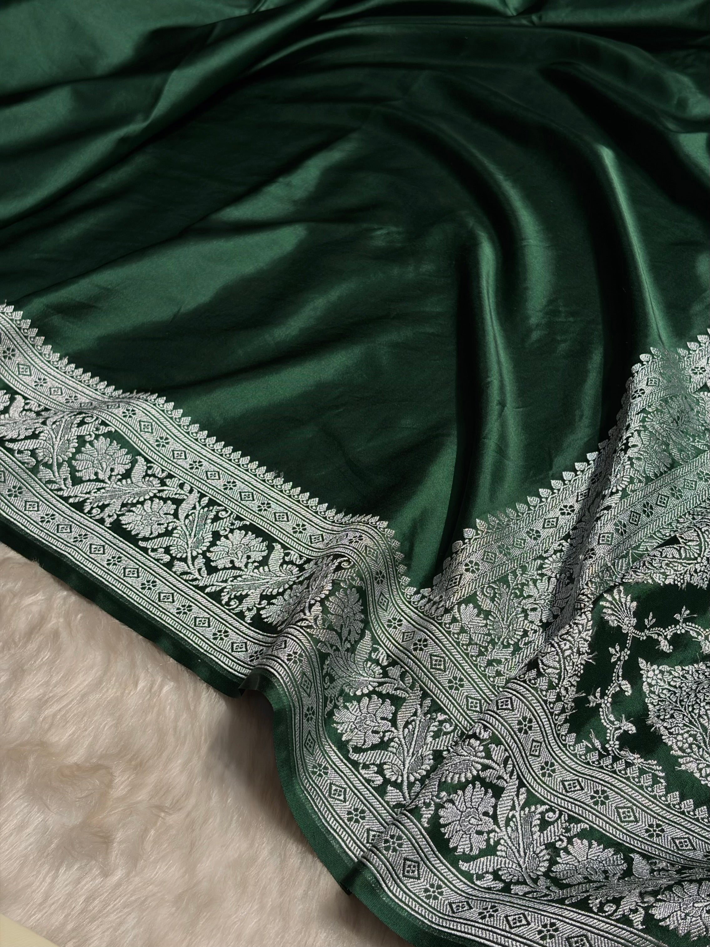 Dark Bottle Green Plain Mashru Silk Saree MS22