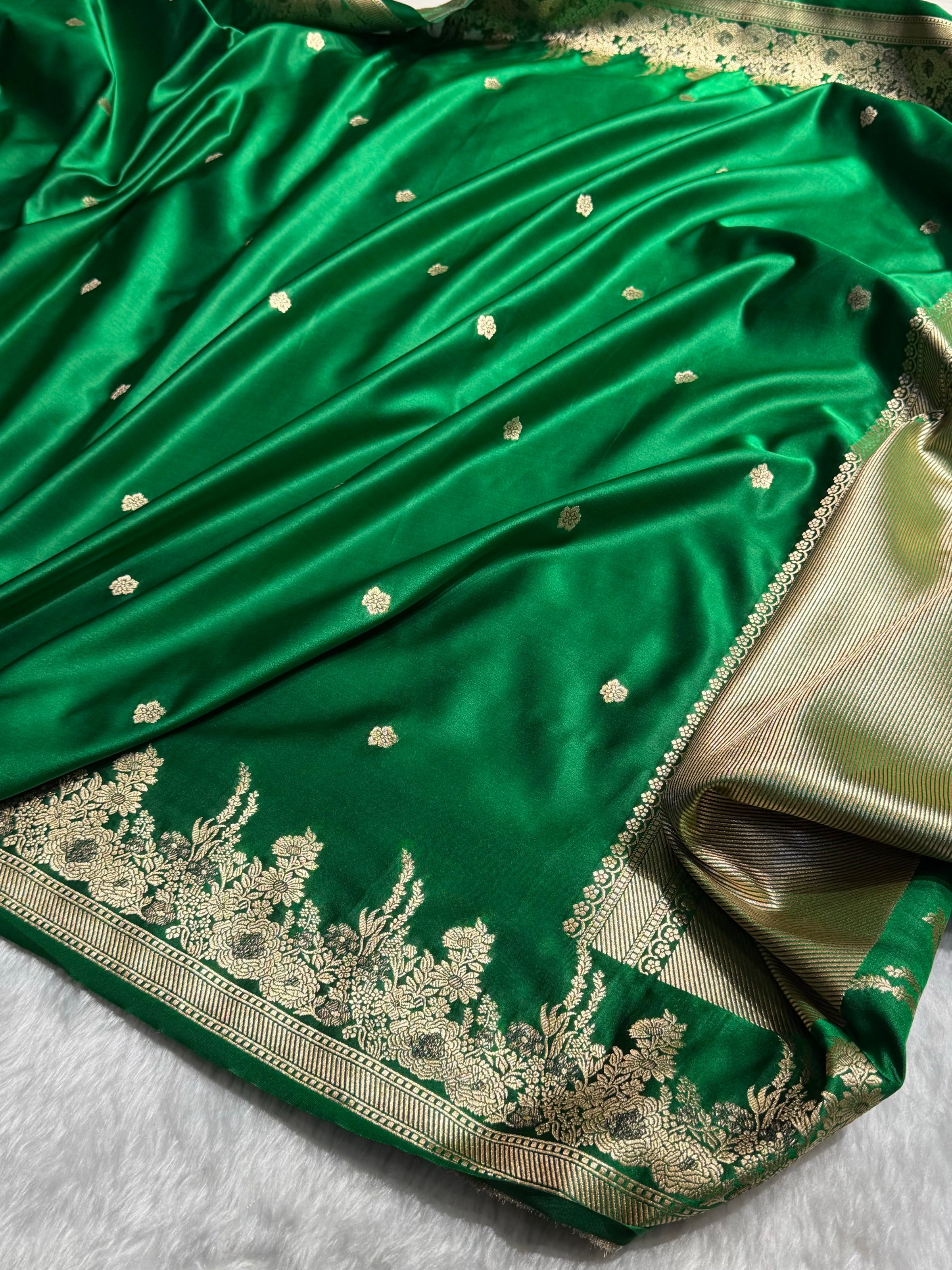 Banarasi Satin Katan Saree Booti Minakari Pattern in Bottle Green Shades SK136