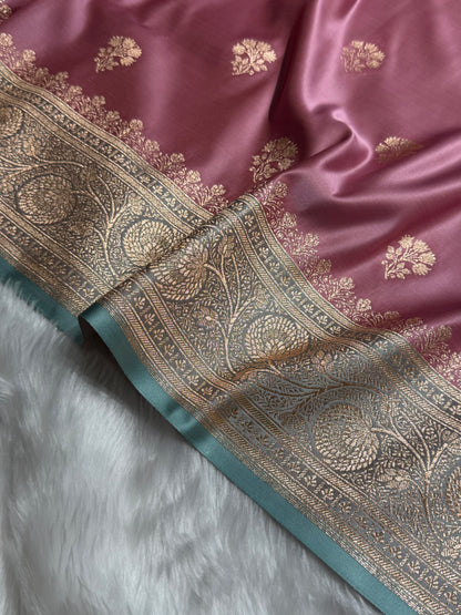 Baby Pink - Turquoise Banarasi Boota Katan Silk Saree SKM29
