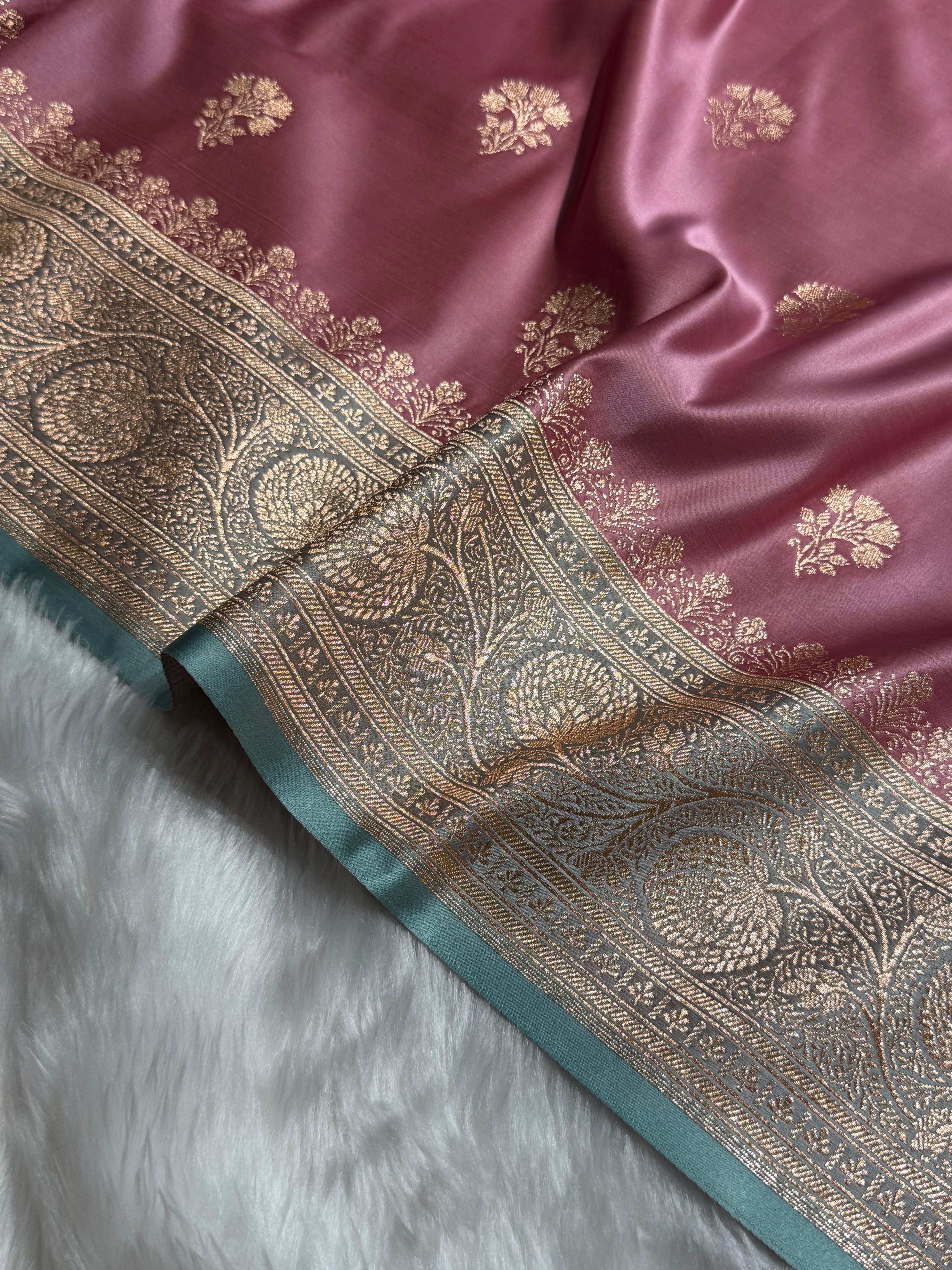 Baby Pink - Turquoise Banarasi Boota Katan Silk Saree SKM29