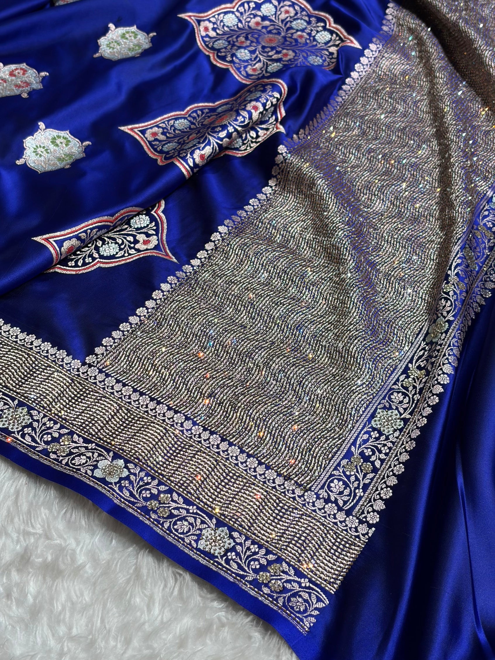 Premium Banarasi Satin Katan Saree Swarovski Work Minakari Booti Pattern in Royal Blue Shades BSK04