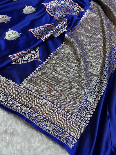 Premium Banarasi Satin Katan Saree Swarovski Work Minakari Booti Pattern in Royal Blue Shades BSK04
