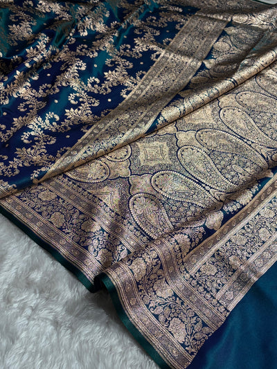 Peacock Shades Jaal Pattern Banarasi Satin Silk Saree SS49