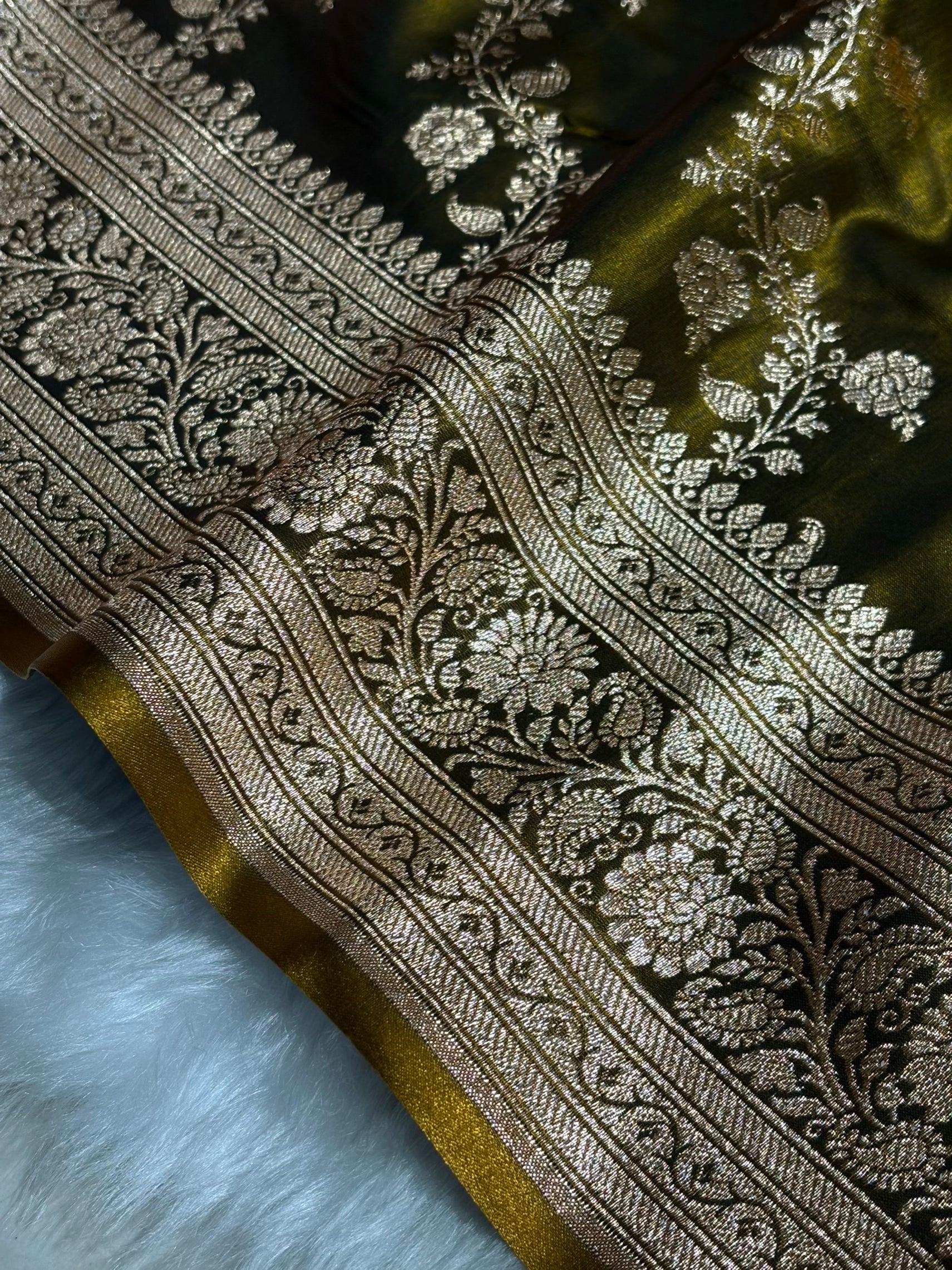 Dark Mahendi Shades Banarasi  Cross Jaal Satin Silk Saree SS11