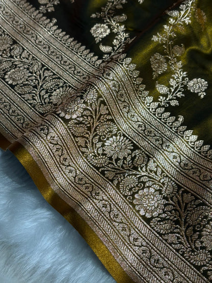 Dark Mahendi Shades Banarasi  Cross Jaal Satin Silk Saree SS11