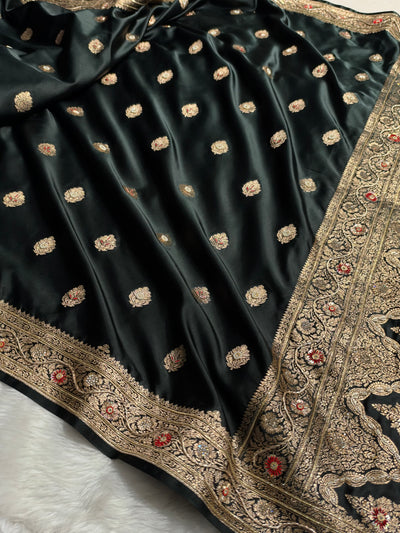 Bridal Black Banarasi Satin Katan Saree With Ari & Zardozi Work Boota BSK65