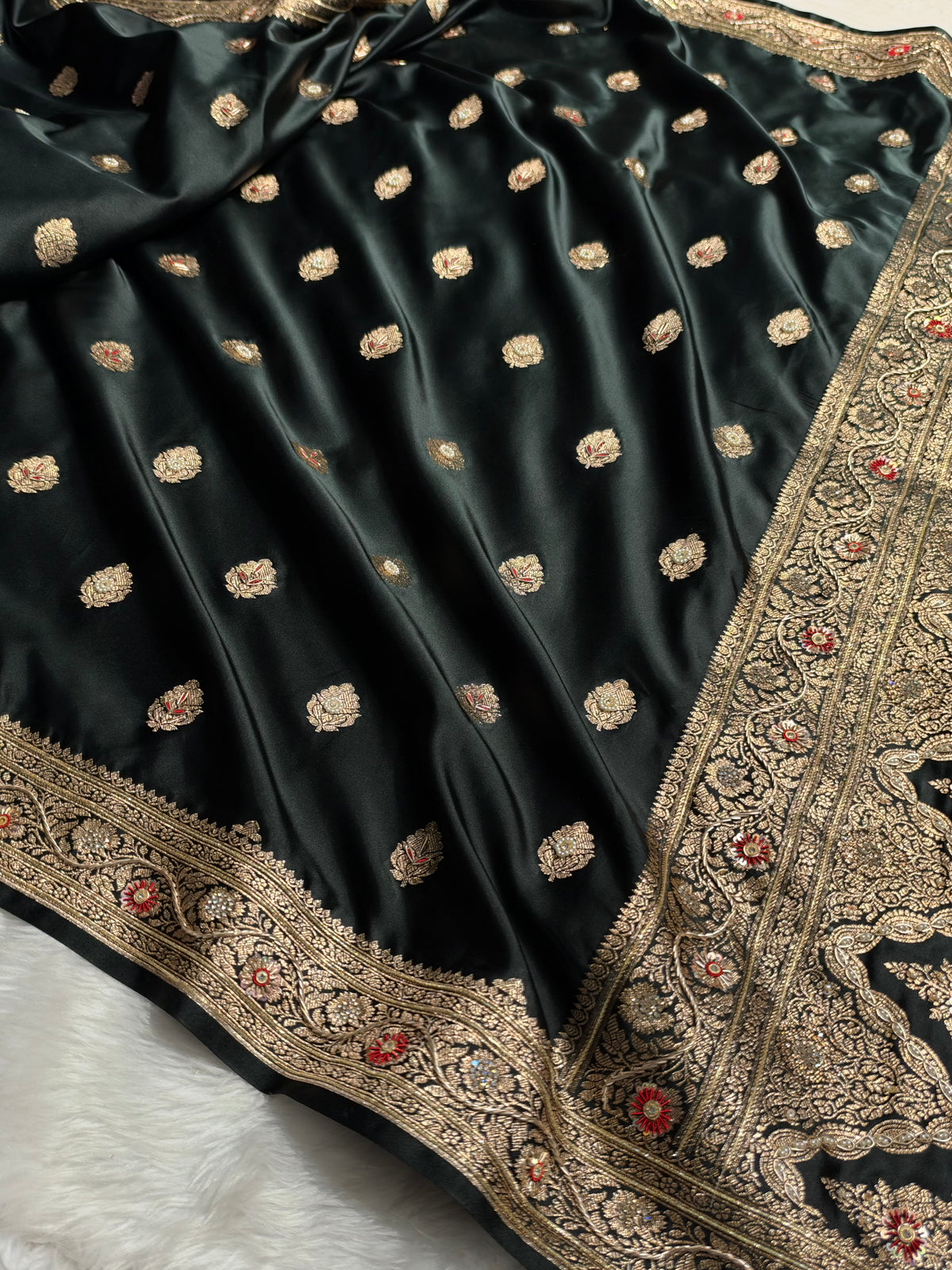 Bridal Black Banarasi Satin Katan Saree With Ari & Zardozi Work Boota BSK65