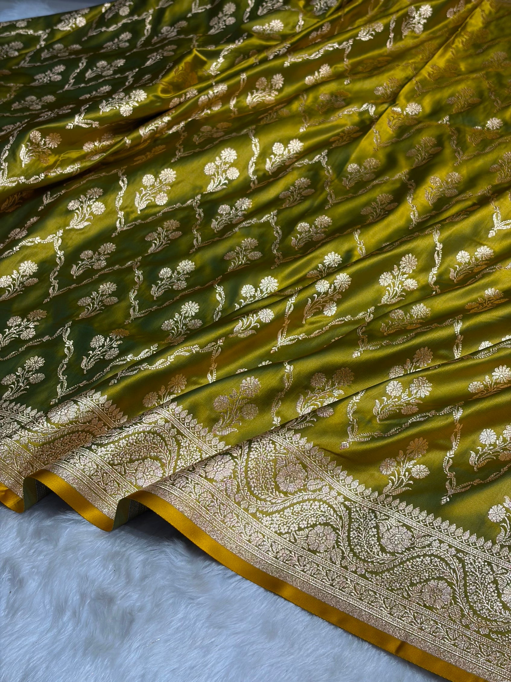 Liril Green Cross with Boota Pattern Satin Katan Silk Saree SK67