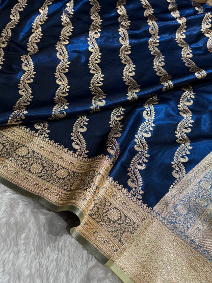 Royal Blue Contrast Shades Cross Pattern Banarasi Satin Silk Saree SS39
