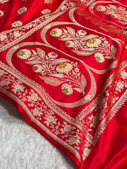 Premium Banarasi Satin Katan Saree With Minakari Boota in Red Shades SK112