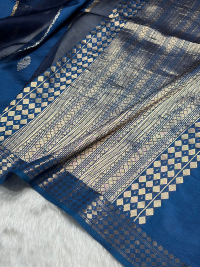 German Blue With Navy Shades Handwoven Pure Paper Silk RM-50