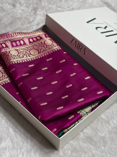 Contrast Wine / Green Floral Booti Banarasi Satin Katan Silk Saree SK14