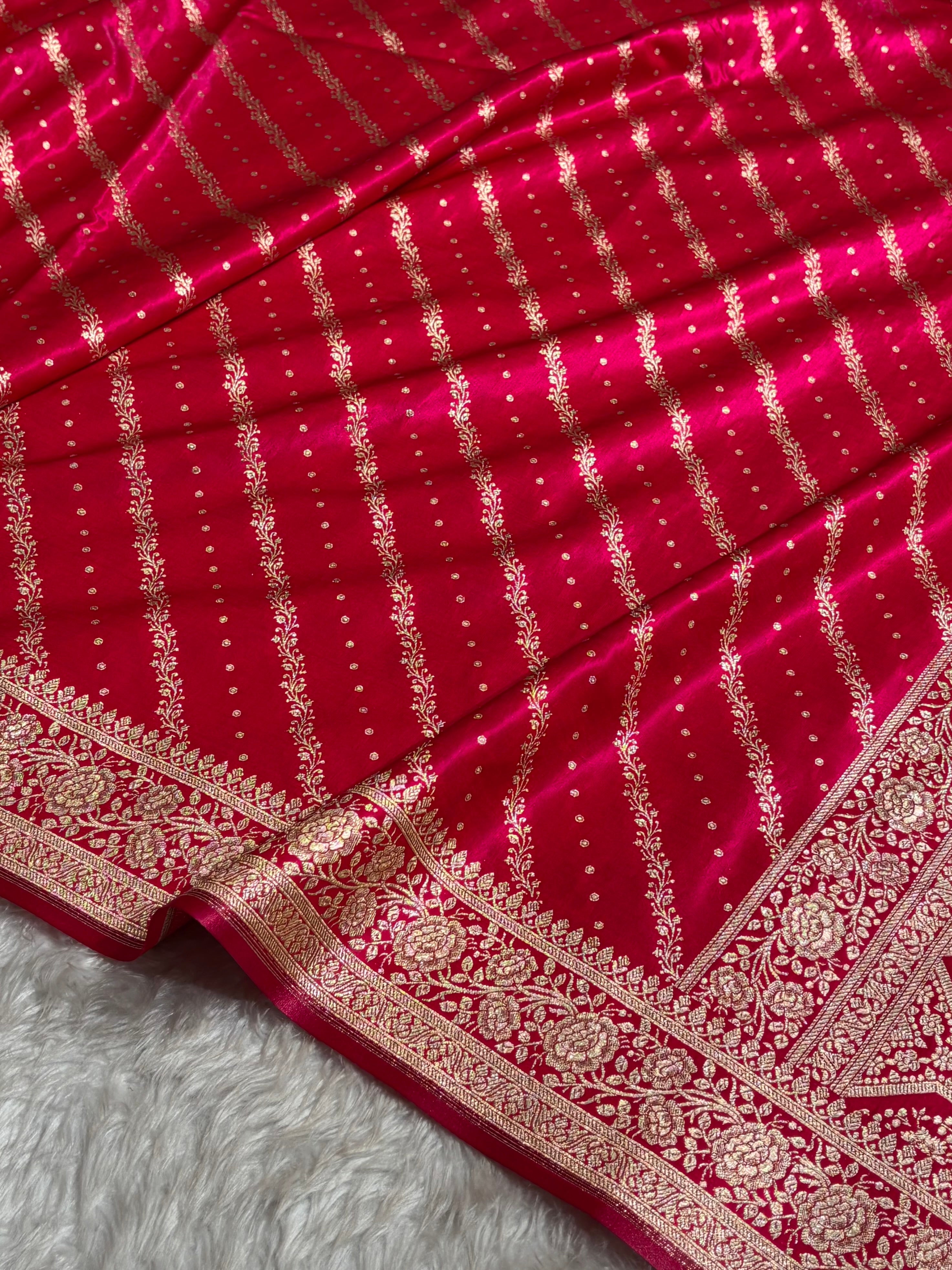 Banarasi Cross Rani Shades Cross Pattern Banarasi Satin Silk Saree SS61